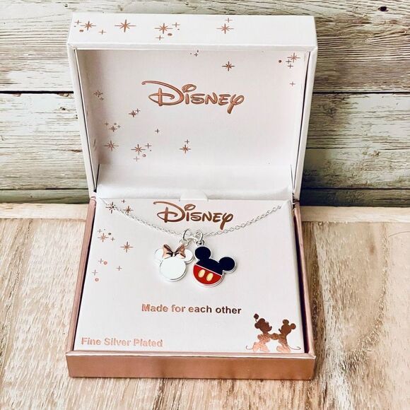 NWT Disney Mickey & Minnie Mouse Fine Silver Pleated Made for each other Necklac - Picture 1 of 13